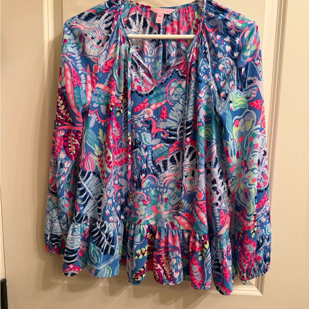 Vibrant Blue Floral Peasant Blouse